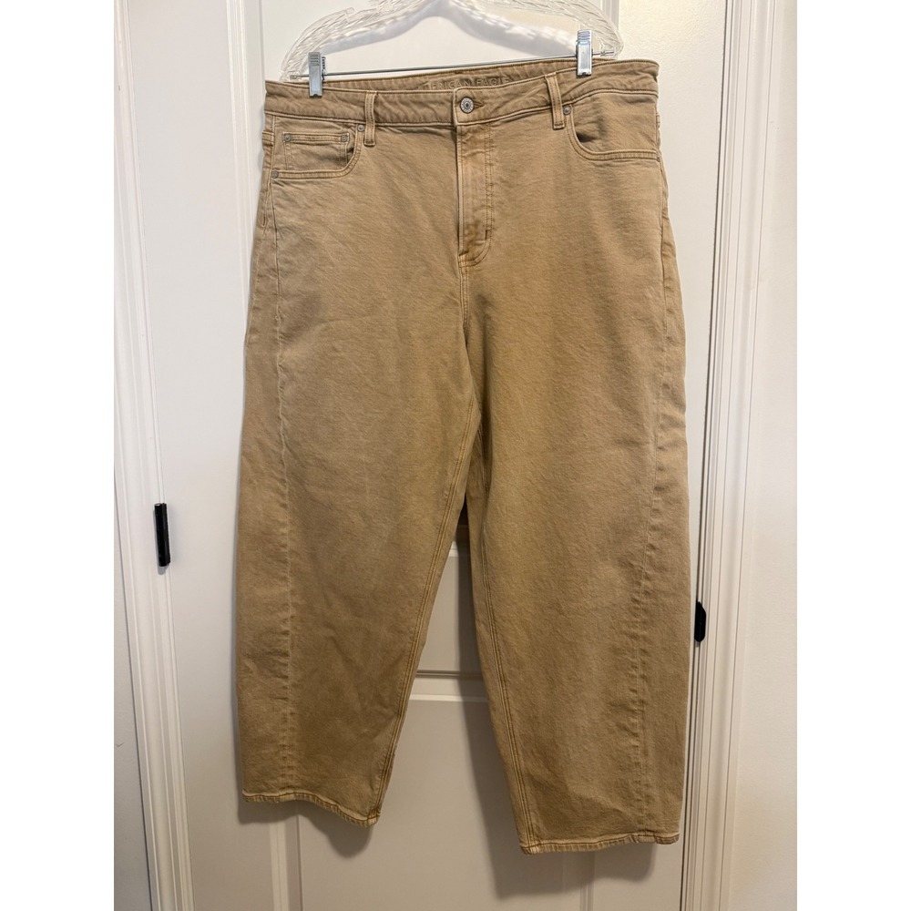 American Eagle Barrel Jeans Women 16 Tan Excellent High Rise Relaxed Khaki Boho - Picture 5 of 9